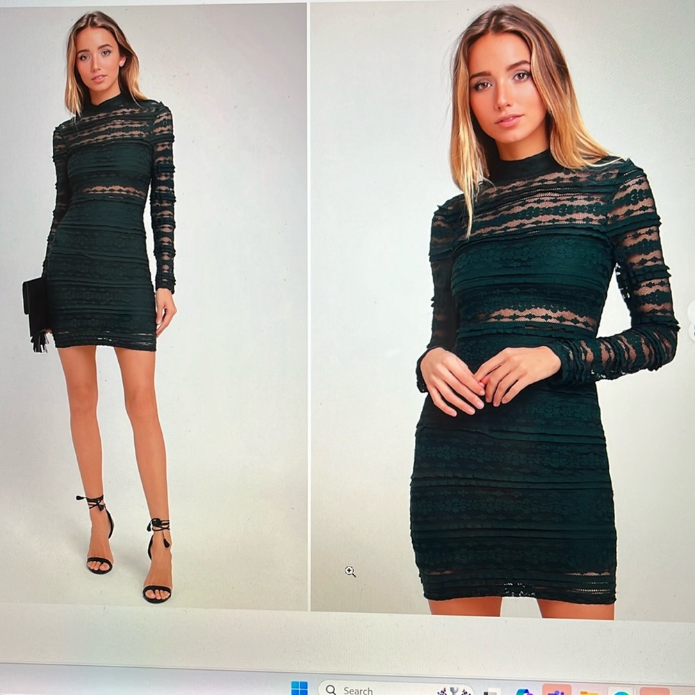 NWOT Lush Reece forest Green lace long sleeve body con dress size medium